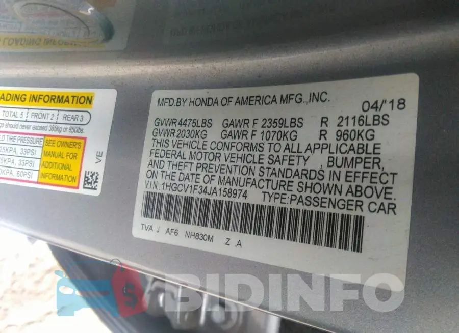 1HGCV1F34JA158974 Photo# 9