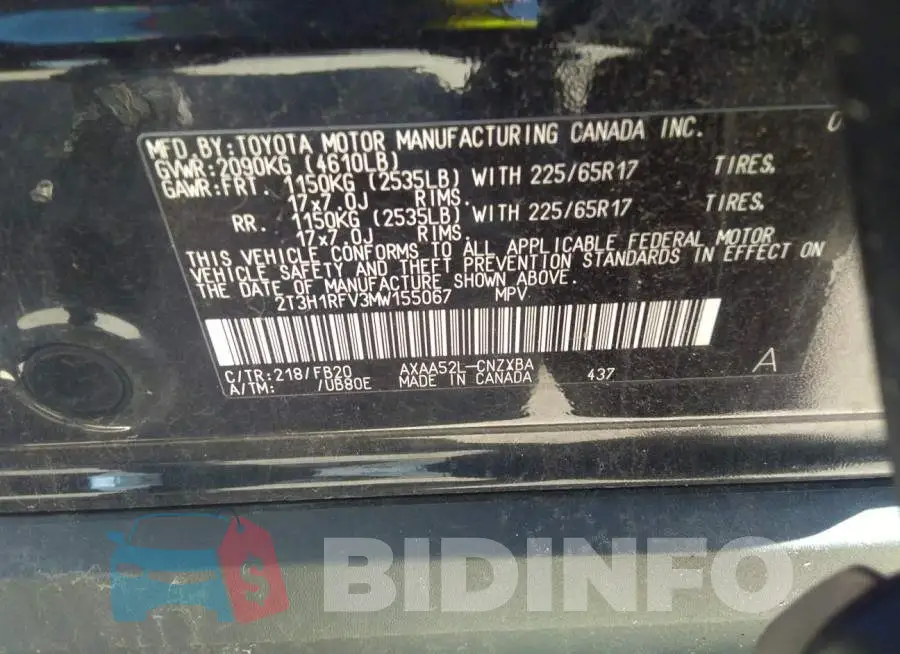 2T3H1RFV3MW155067 Photo# 9