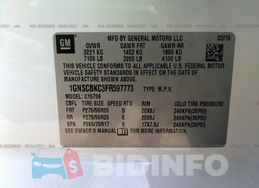 1GNSCBKC3FR597773 Photo# 9