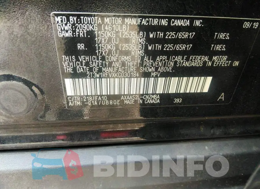 2T3W1RFVXKC030184 Photo# 9