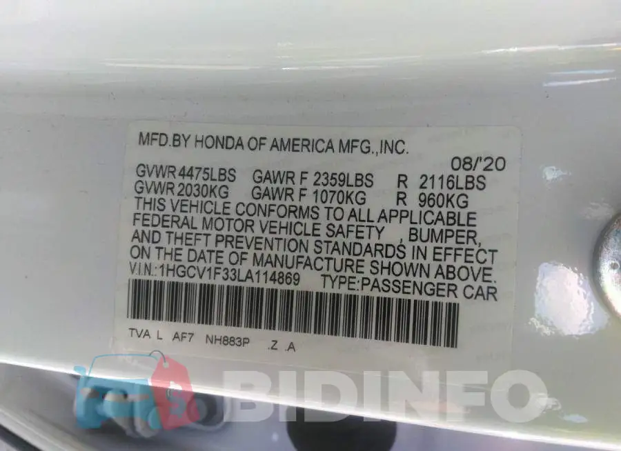 1HGCV1F33LA114869 Photo# 9