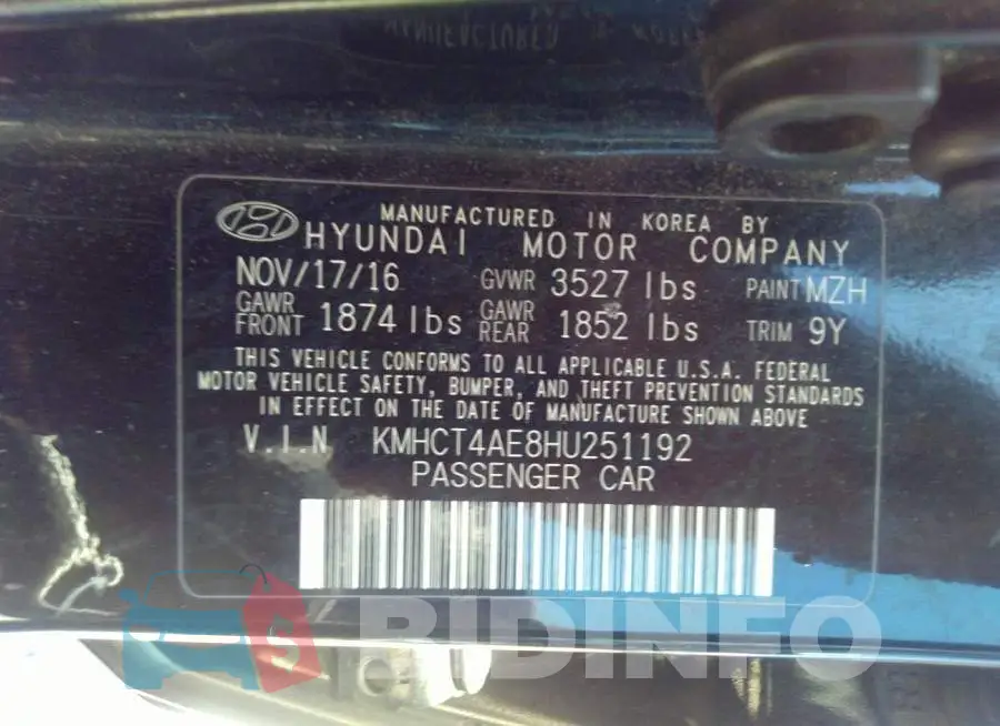 KMHCT4AE8HU251192 Photo# 9