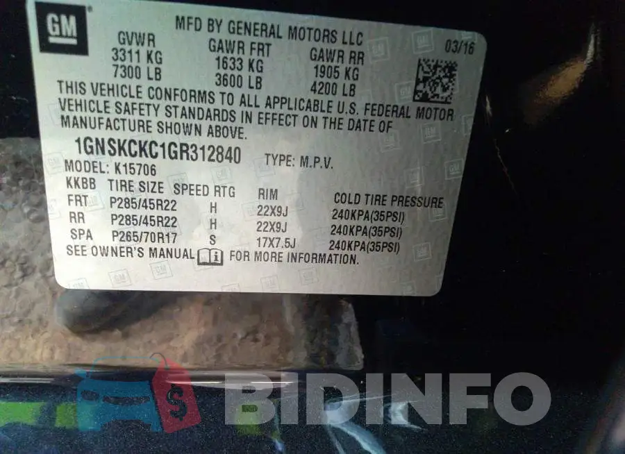1GNSKCKC1GR312840 Photo# 9