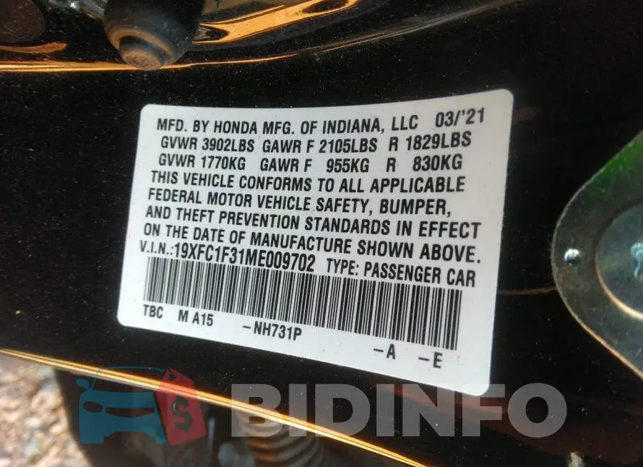 19XFC1F31ME009702 Photo# 9