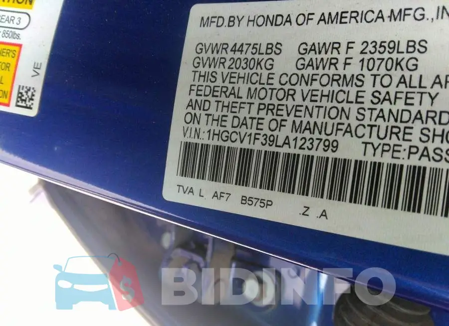1HGCV1F39LA123799 Photo# 9