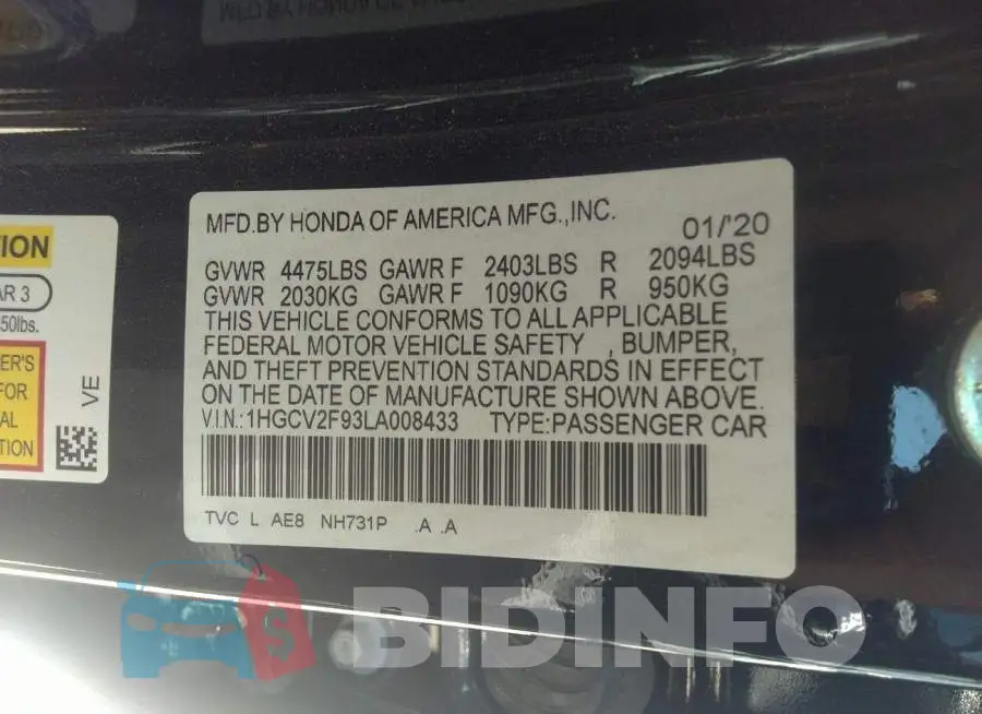 1HGCV2F93LA008433 Photo# 9