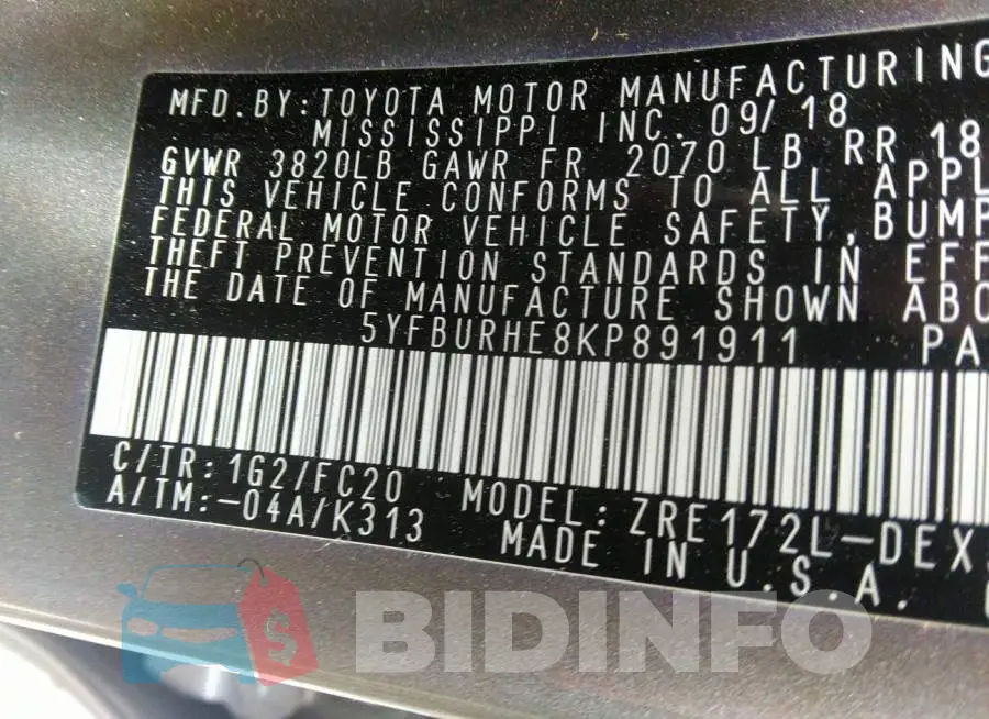5YFBURHE8KP891911 Photo# 9