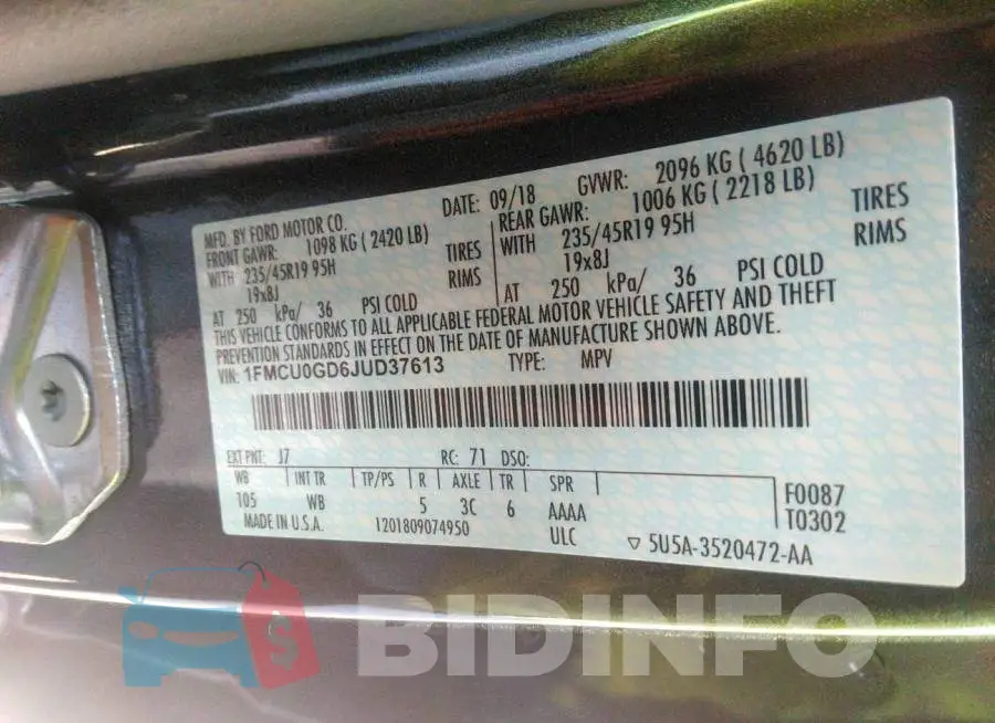 1FMCU0GD6JUD37613 Photo# 9