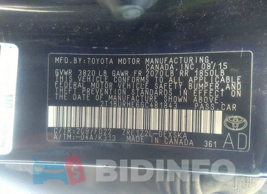2T1BURHE6GC481843 Photo# 9
