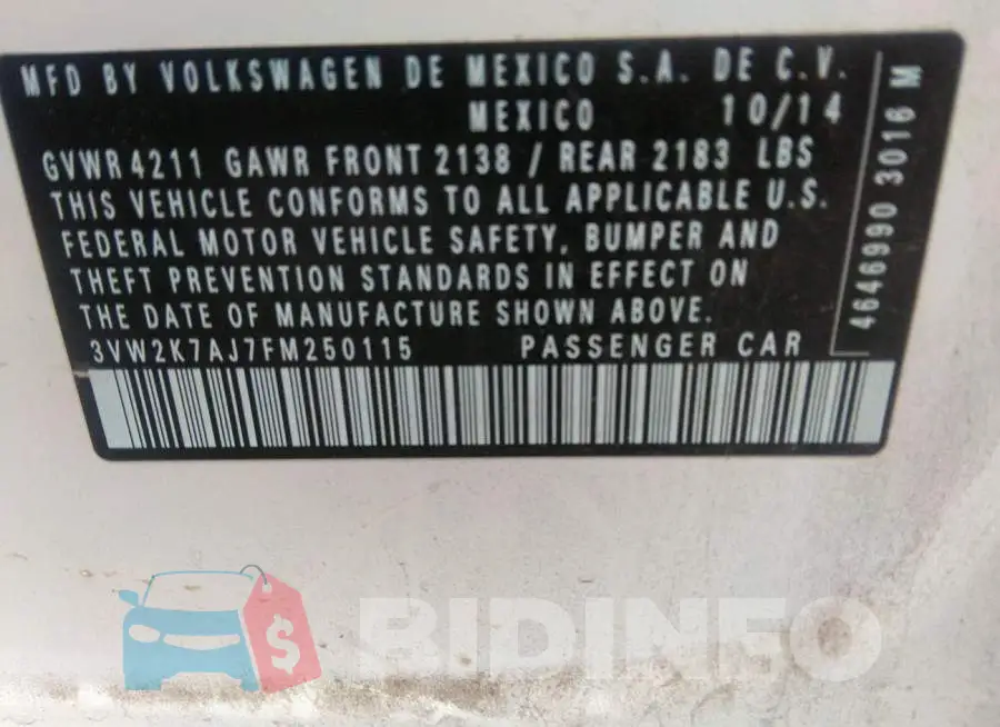 3VW2K7AJ7FM250115 Photo# 9