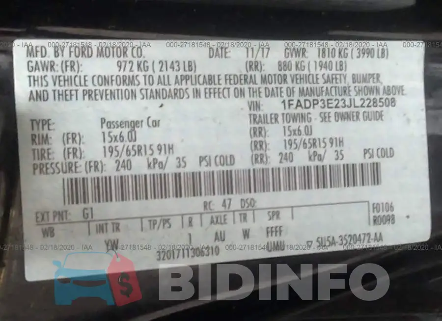1FADP3E23JL228508 Photo# 9