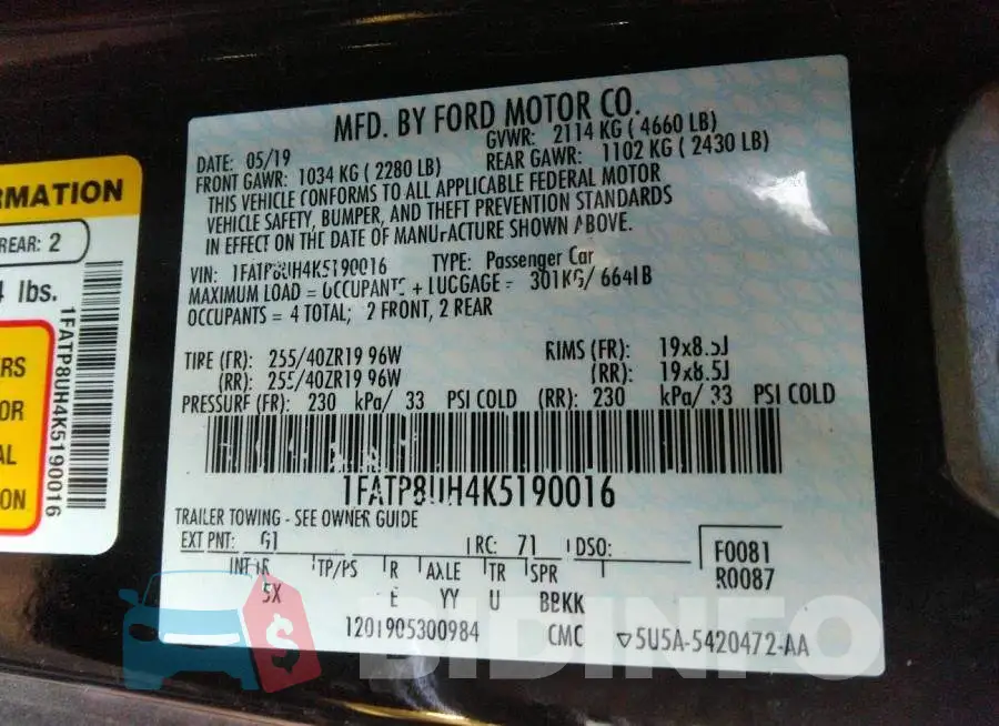 1FATP8UH4K5190016 Photo# 9