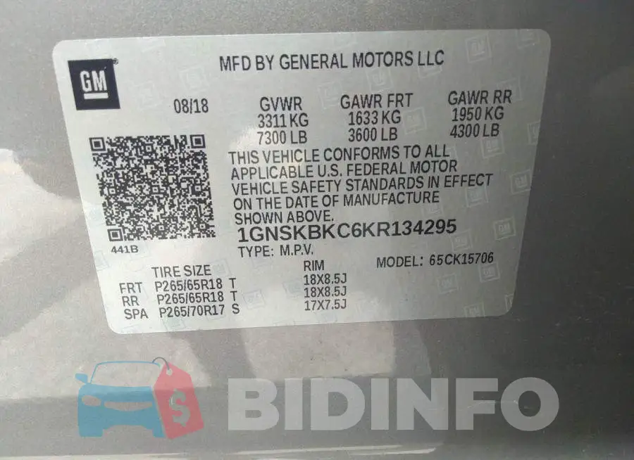 1GNSKBKC6KR134295 Photo# 9