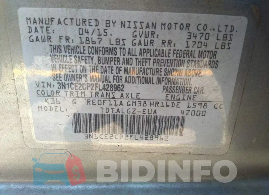 3N1CE2CP2FL428962 Photo# 9