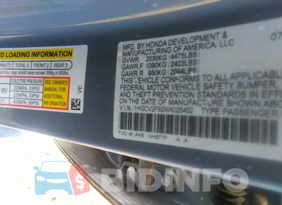 1HGCV2F92MA025452 Photo# 9