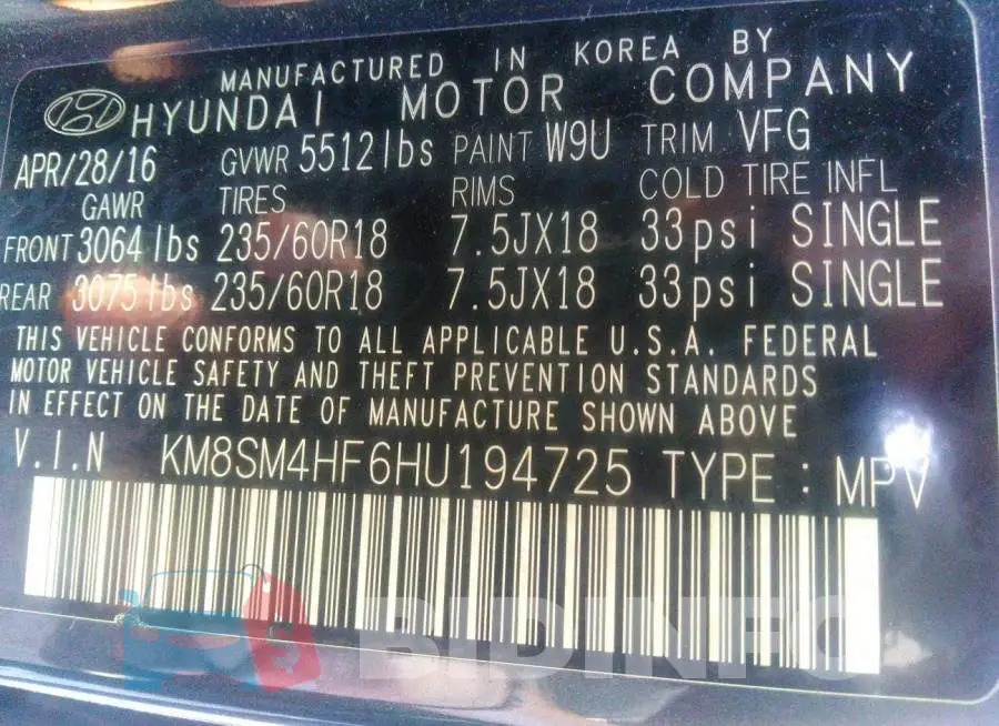 KM8SM4HF6HU194725 Photo# 9