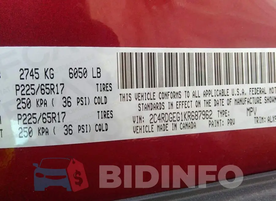 2C4RDGEG1KR687962 Photo# 9