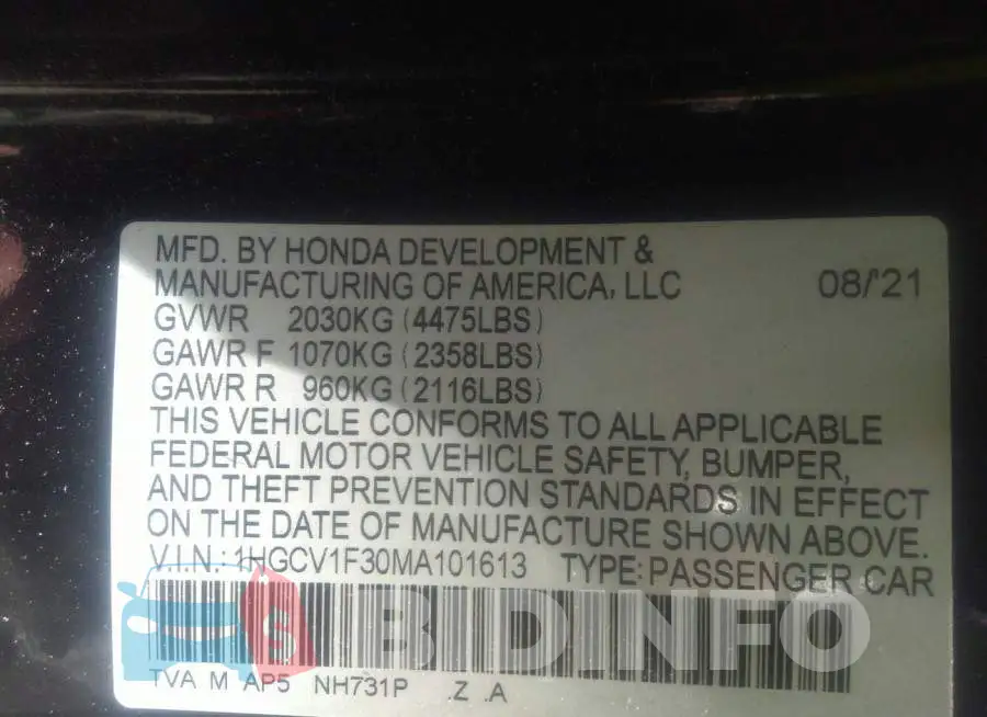1HGCV1F30MA101613 Photo# 9