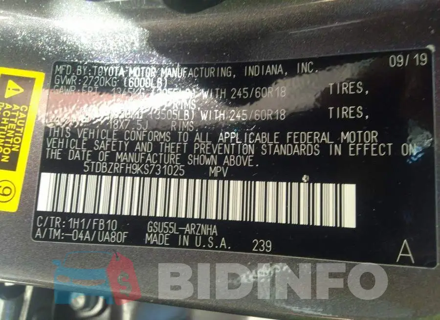 5TDBZRFH9KS731025 Photo# 9