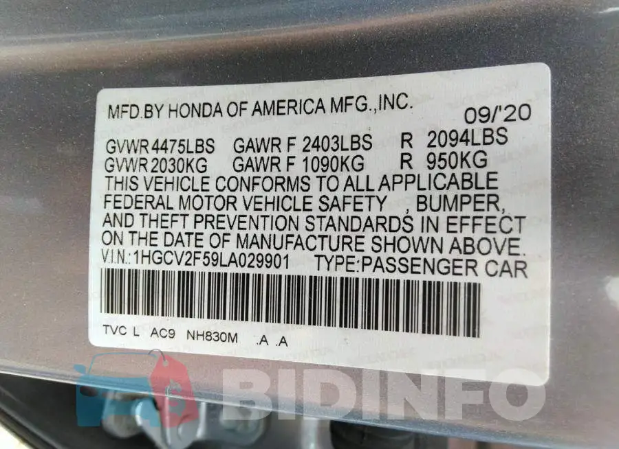 1HGCV2F59LA029901 Photo# 9