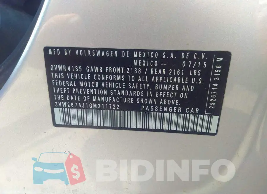 3VW267AJ1GM211722 Photo# 9
