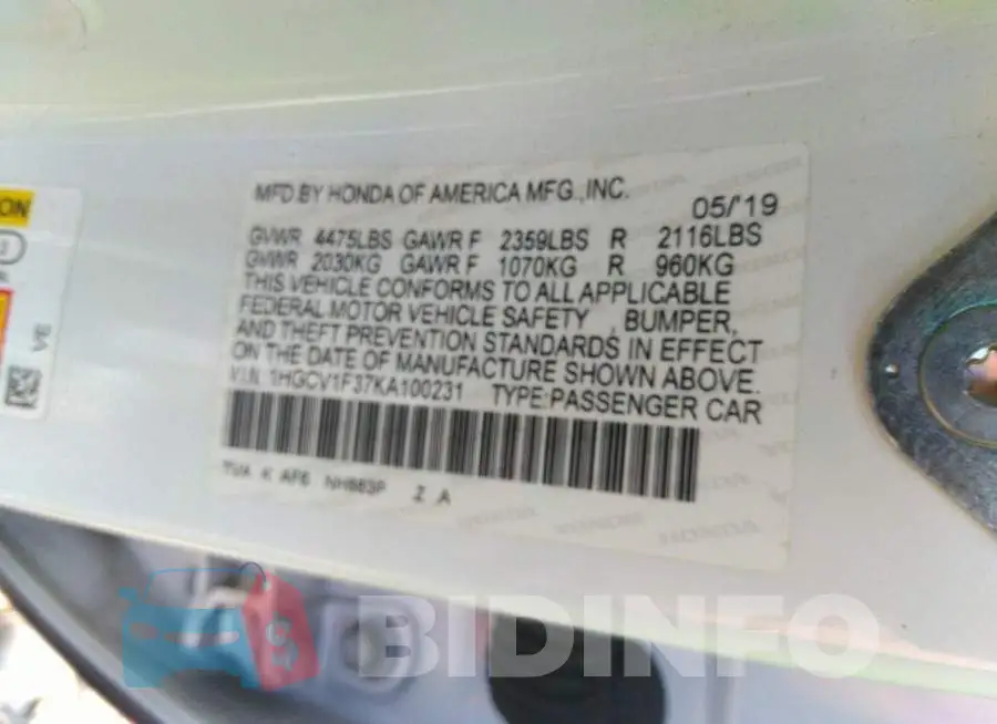 1HGCV1F37KA100231 Photo# 9