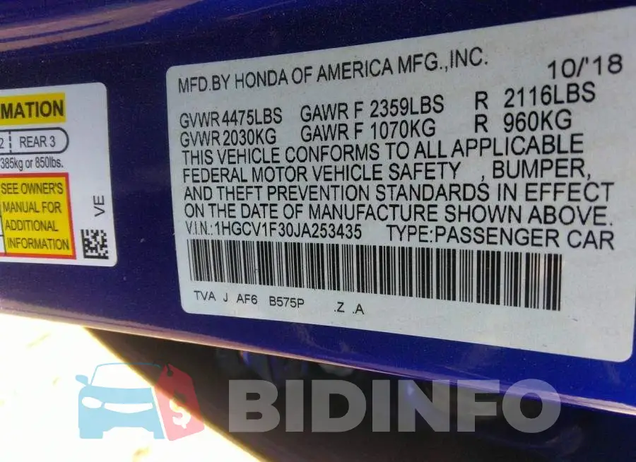 1HGCV1F30JA253435 Photo# 9