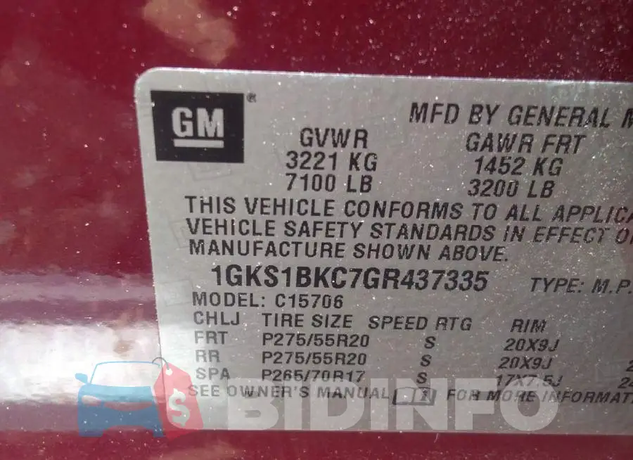 1GKS1BKC7GR437335 Photo# 9