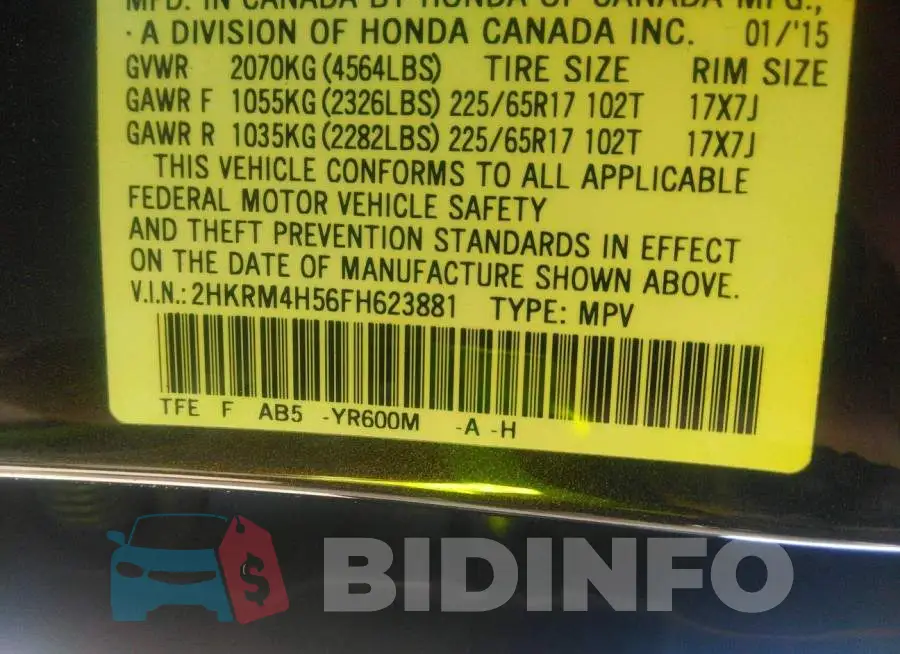 2HKRM4H56FH623881 Photo# 9