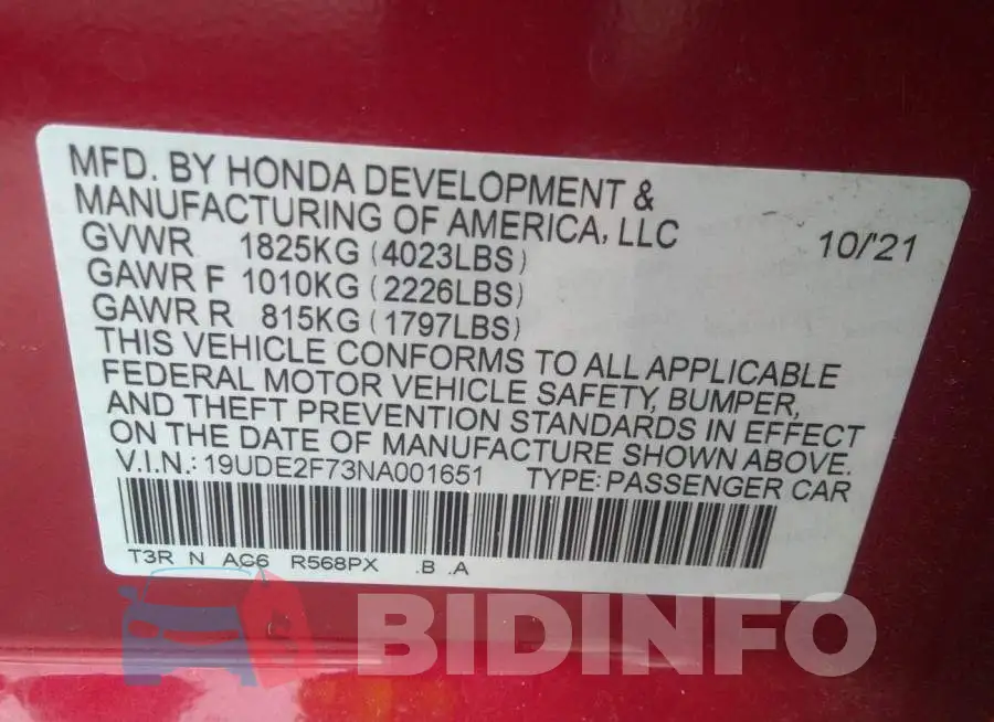 19UDE2F73NA001651 Photo# 9