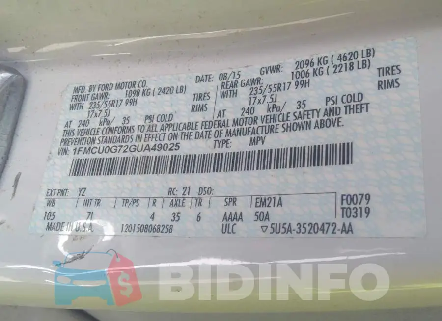 1FMCU0G72GUA49025 Photo# 9