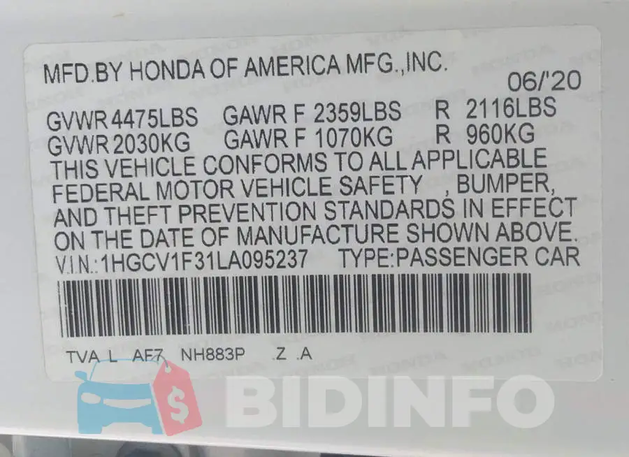 1HGCV1F31LA095237 Photo# 9