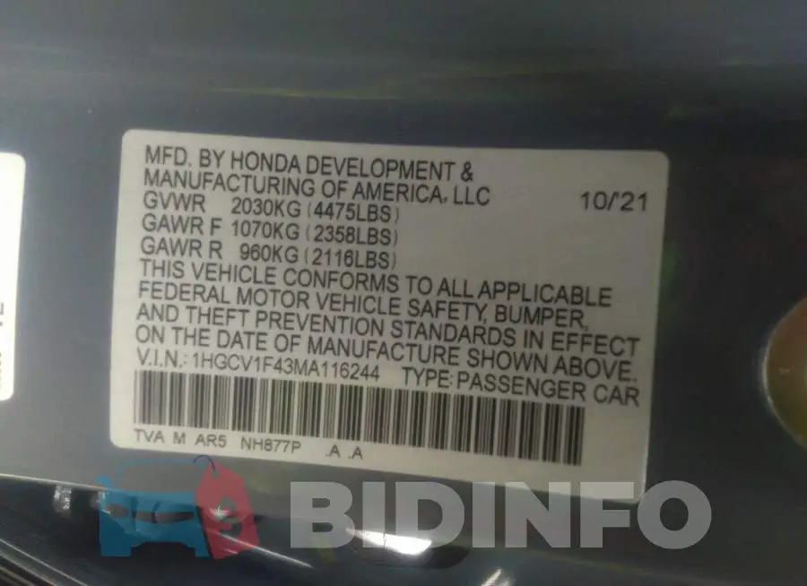 1HGCV1F43MA116244 Photo# 9