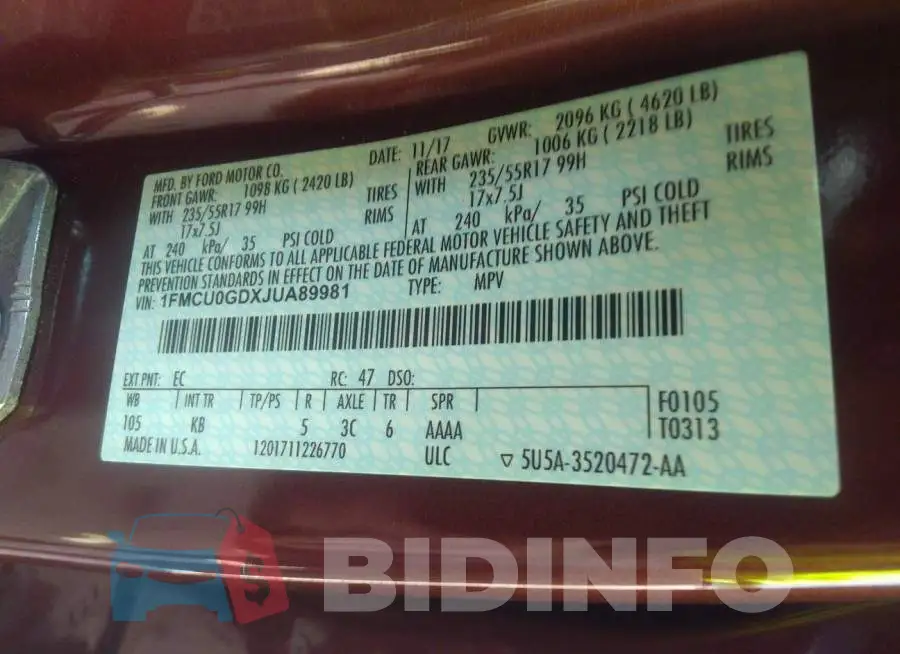 1FMCU0GDXJUA89981 Photo# 9