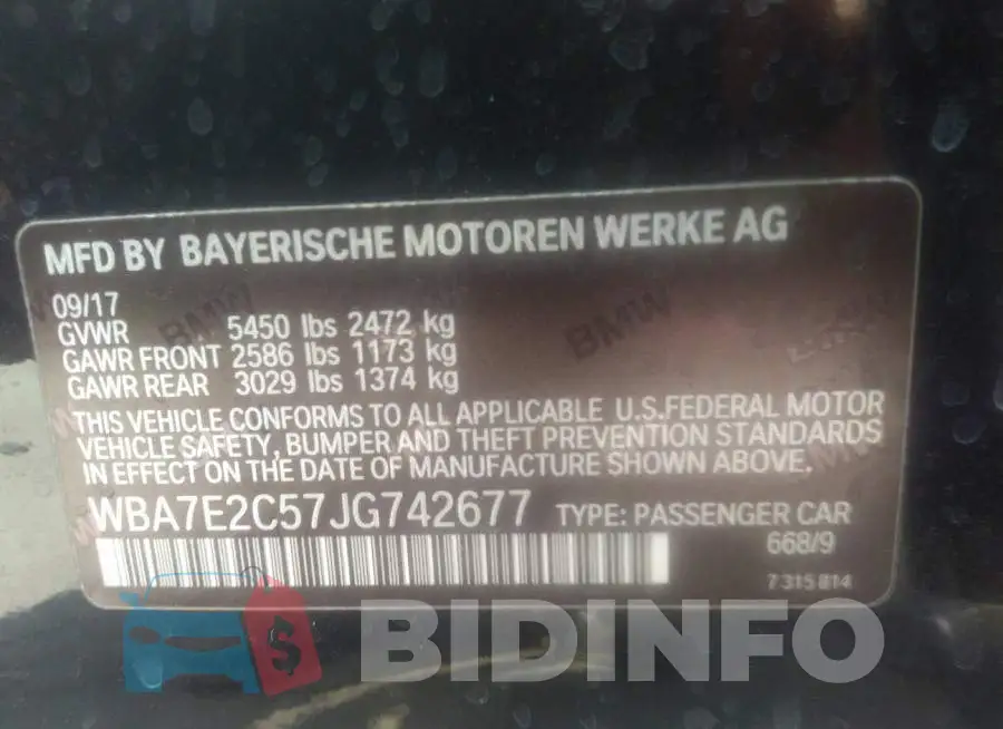 WBA7E2C57JG742677 Photo# 9