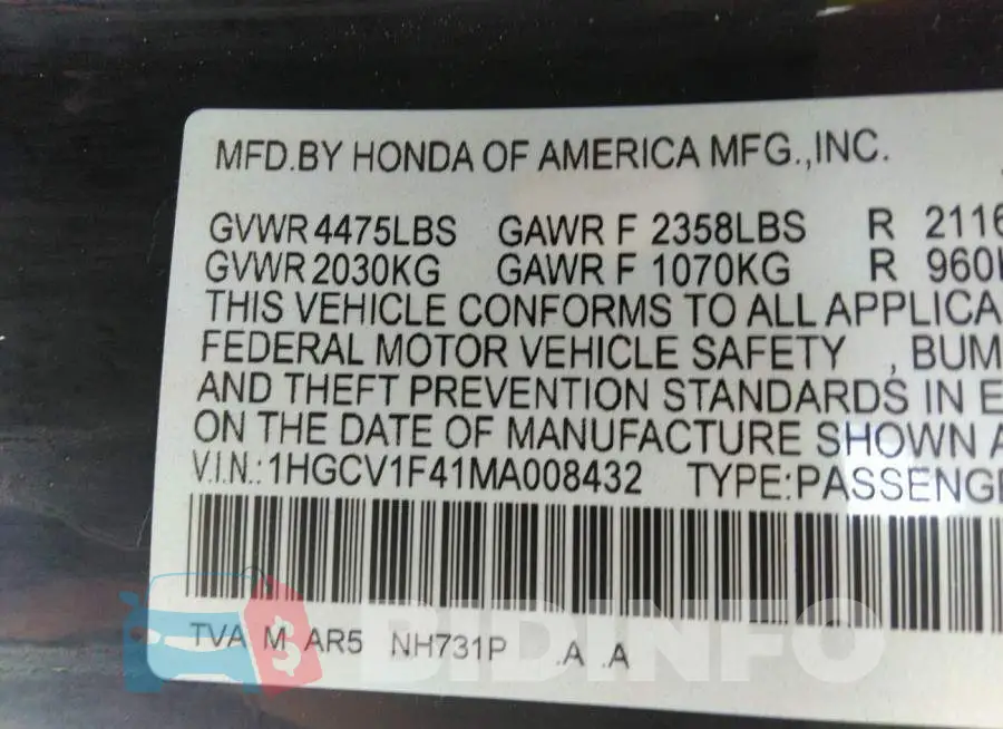 1HGCV1F41MA008432 Photo# 9