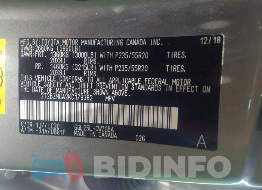2T2BZMCA2KC179382 Photo# 9