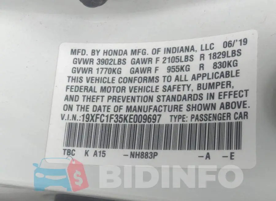 19XFC1F35KE009697 Photo# 9