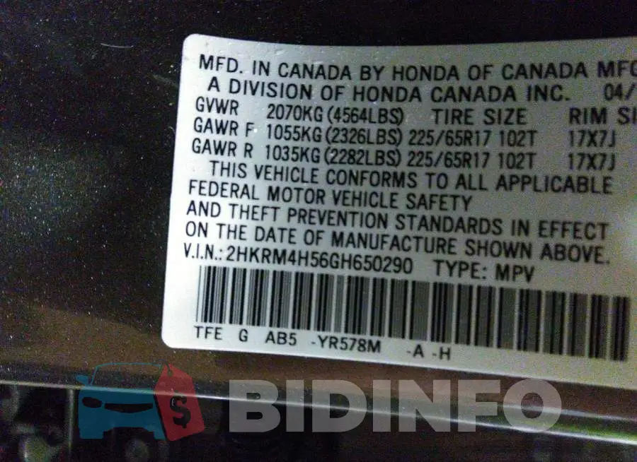 2HKRM4H56GH650290 Photo# 9
