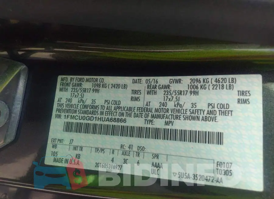 1FMCU0GD1HUA68866 Photo# 9