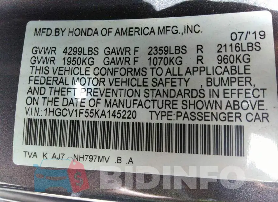 1HGCV1F55KA145220 Photo# 9