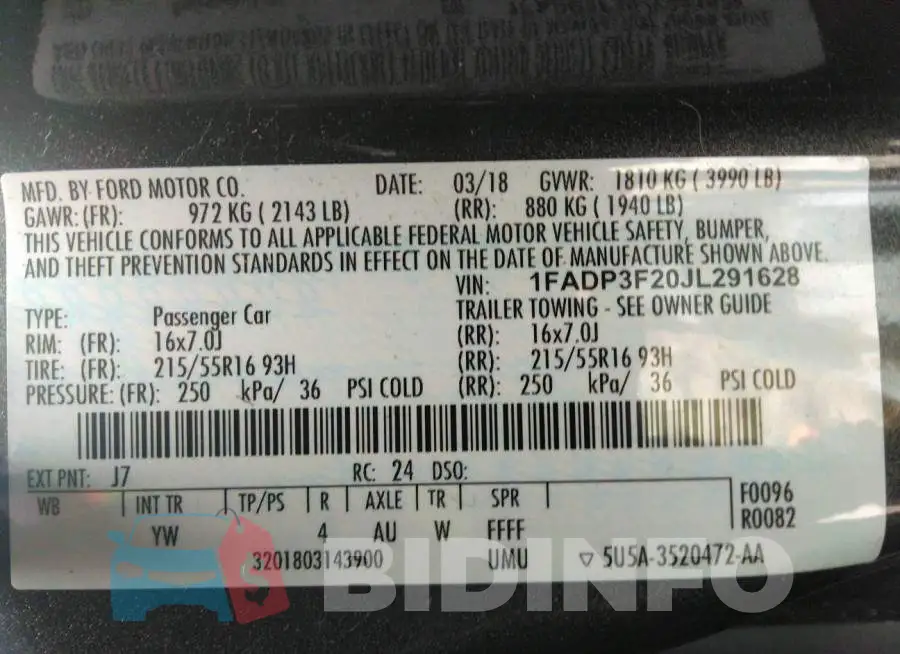 1FADP3F20JL291628 Photo# 9