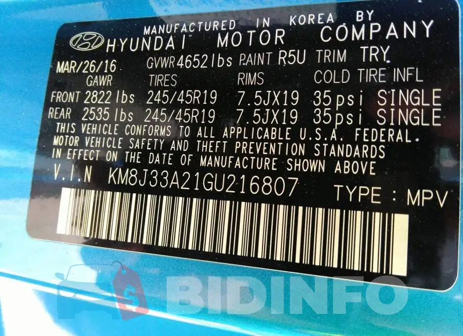 KM8J33A21GU216807 Photo# 9