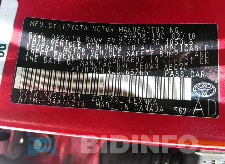 2T1BURHE4JC065765 Photo# 9