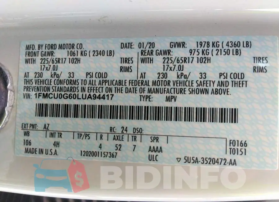 1FMCU0G60LUA94417 Photo# 9