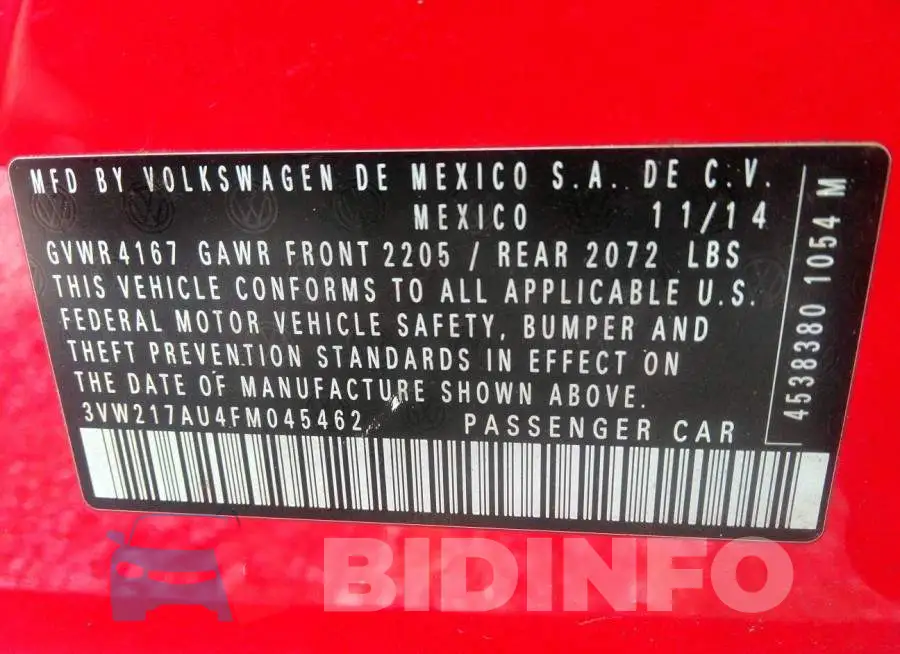 3VW217AU4FM045462 Photo# 9