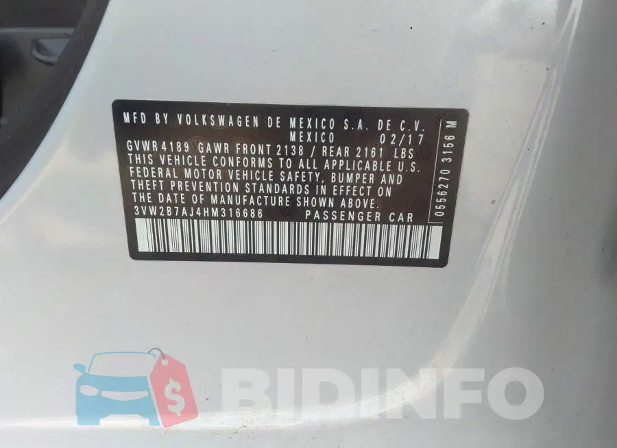 3VW2B7AJ4HM316686 Photo# 9
