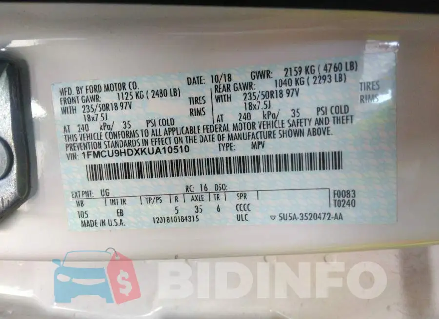 1FMCU9HDXKUA10510 Photo# 9