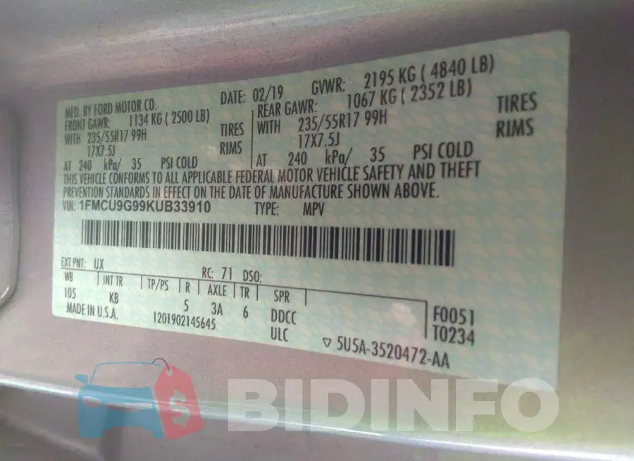 1FMCU9G99KUB33910 Photo# 9