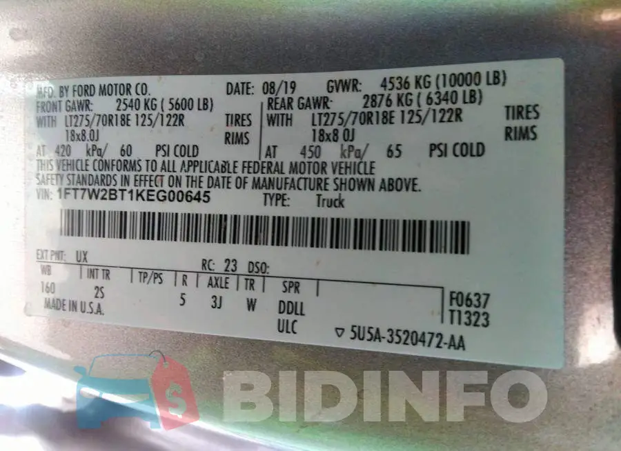 1FT7W2BT1KEG00645 Photo# 9